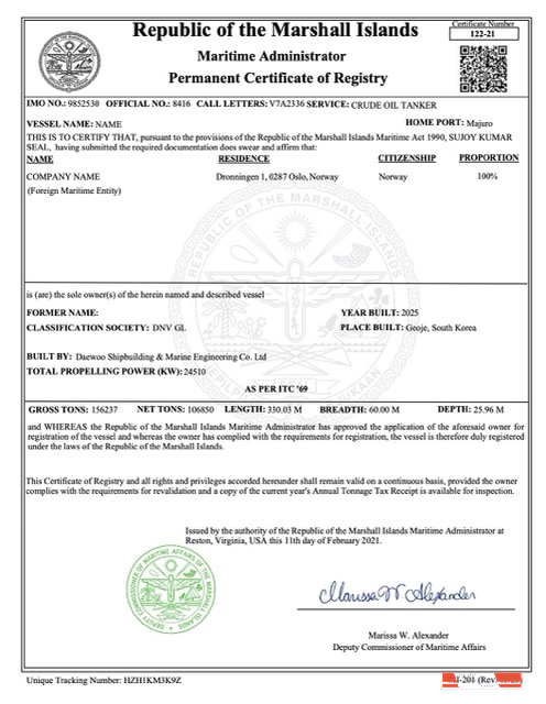 Marshall Islands permanent certificate of registry Word and PDF template